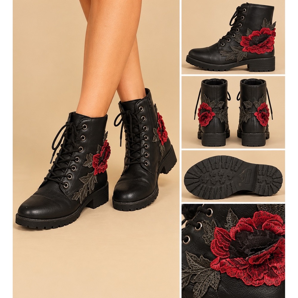 Lulus Rose Combat Boots Women 9 Black Grunge Romantic Floral Embroidery